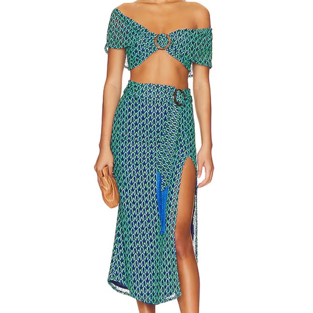 House of Harlow Green and Blue Off-Shoulder Two-Piece Set